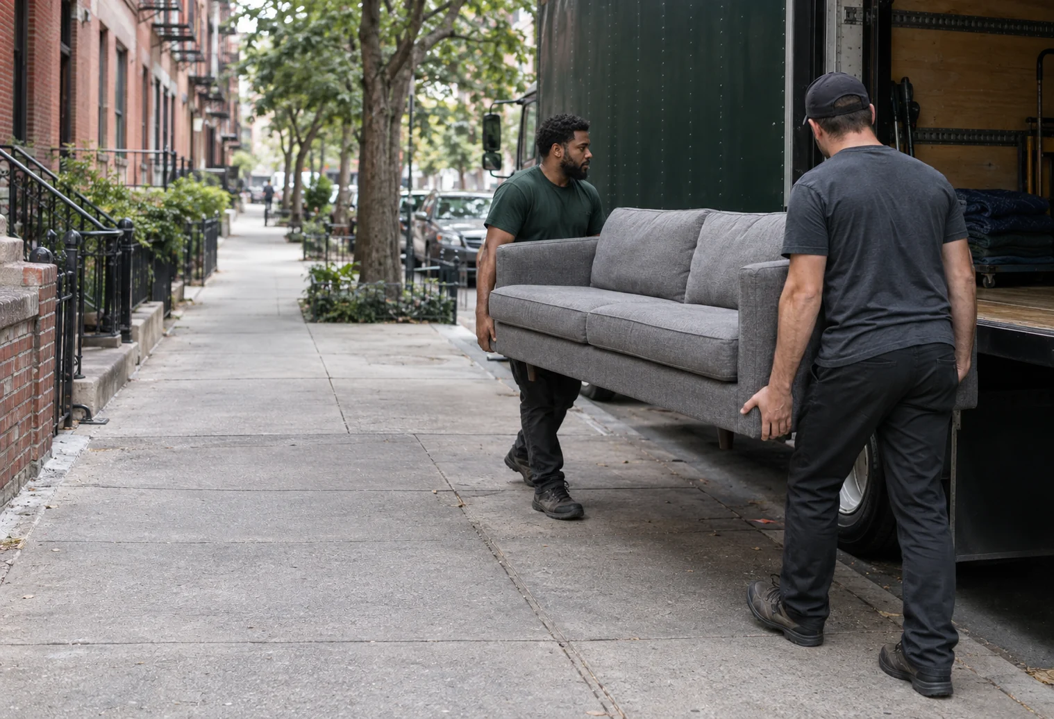 Concept image of junk removal workers carrying a gray sofa beside a green truck.